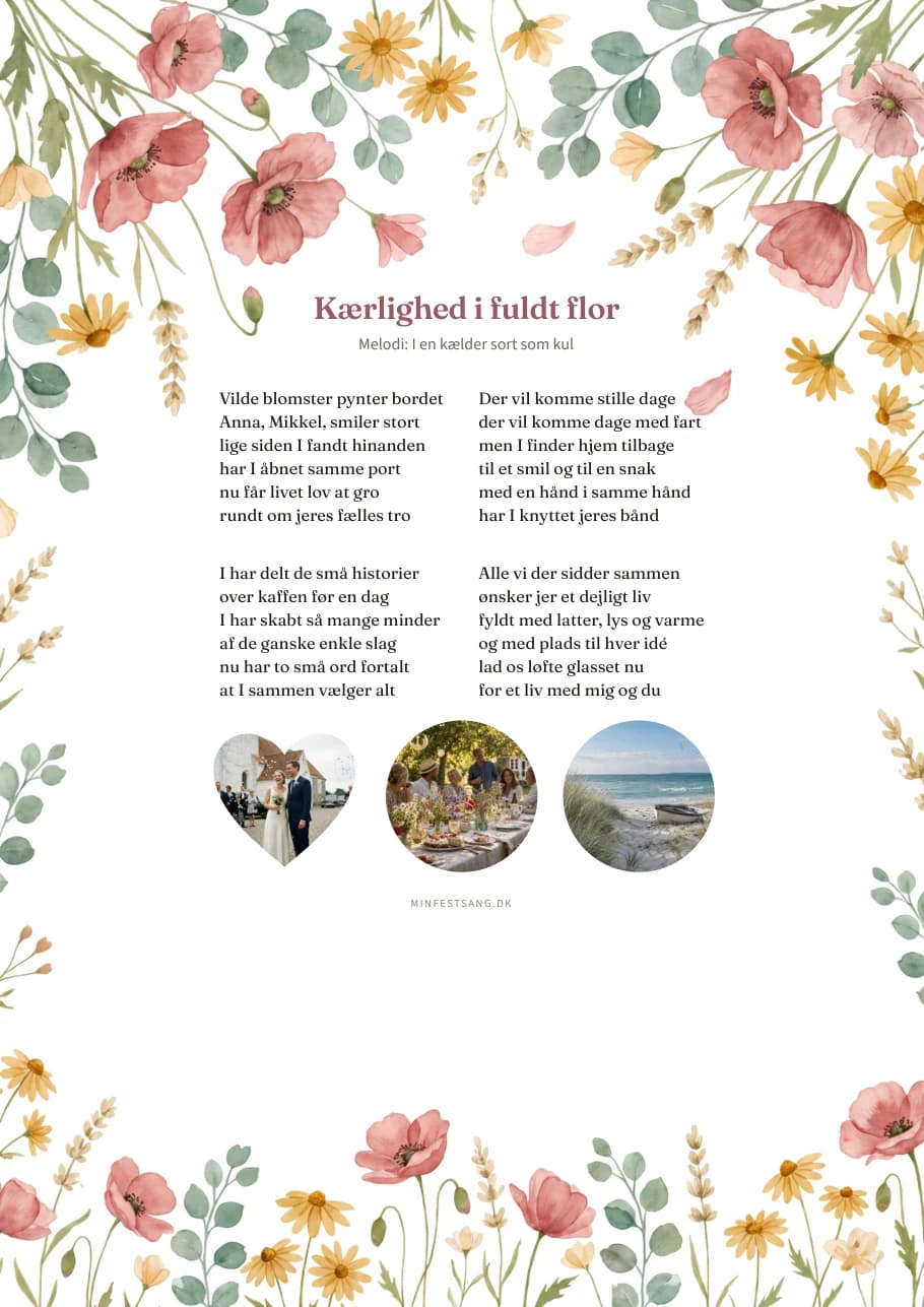 Vilde blomster – Kærlighed i fuldt flor. 3 fotos under teksten · Hjerteformet foto.